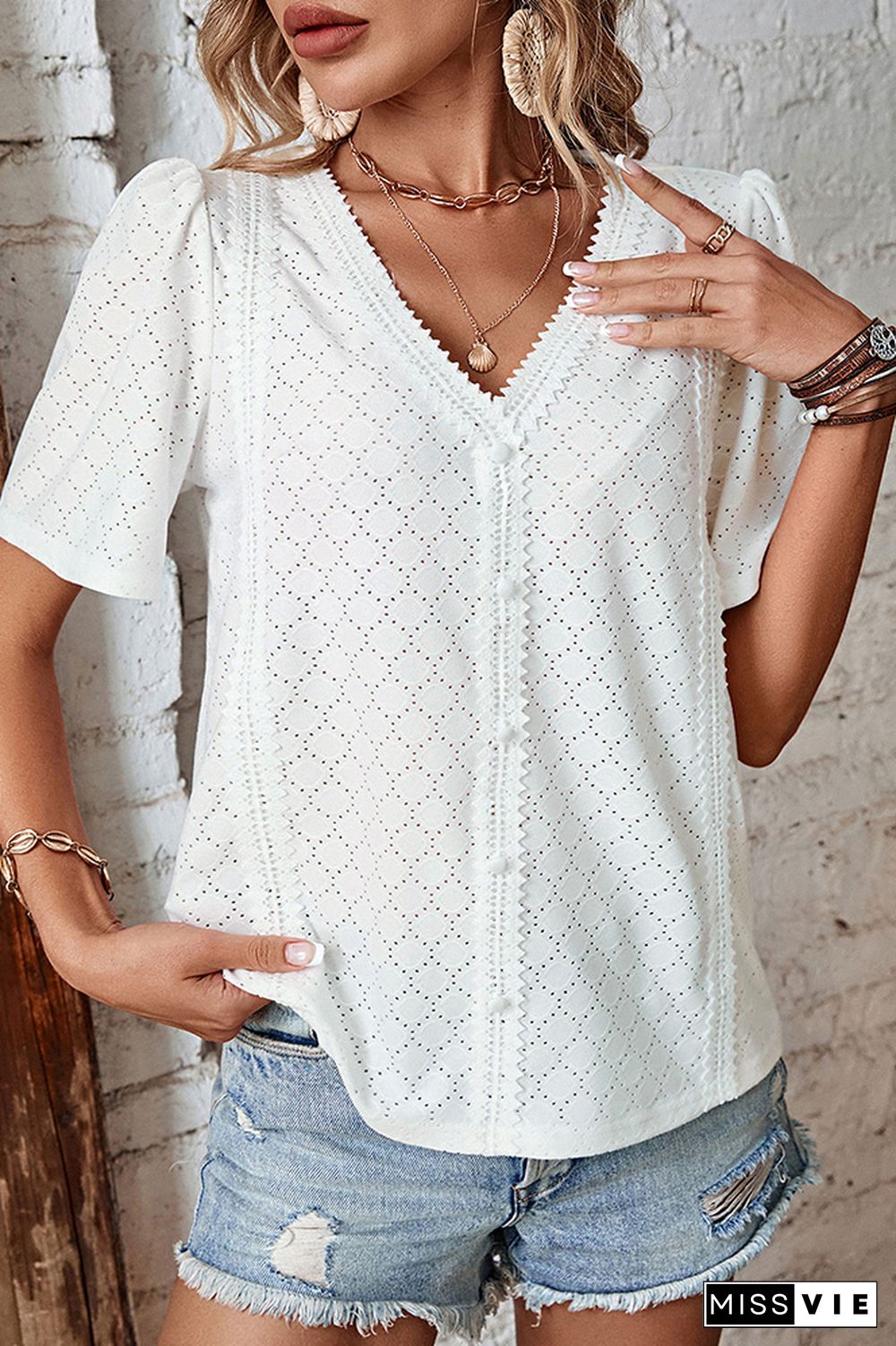 Plain V Neck Lace Edge Textured Buttoned Blouse