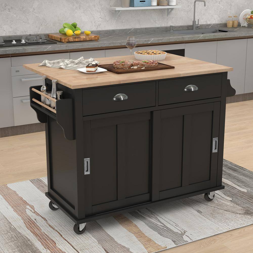 52.2 in. W x 20.5 in. D x 36.6 in. H Black Drop-Leaf Countertop Kitchen Island with Storage Cabinet and 2-Drawers wykkisland05