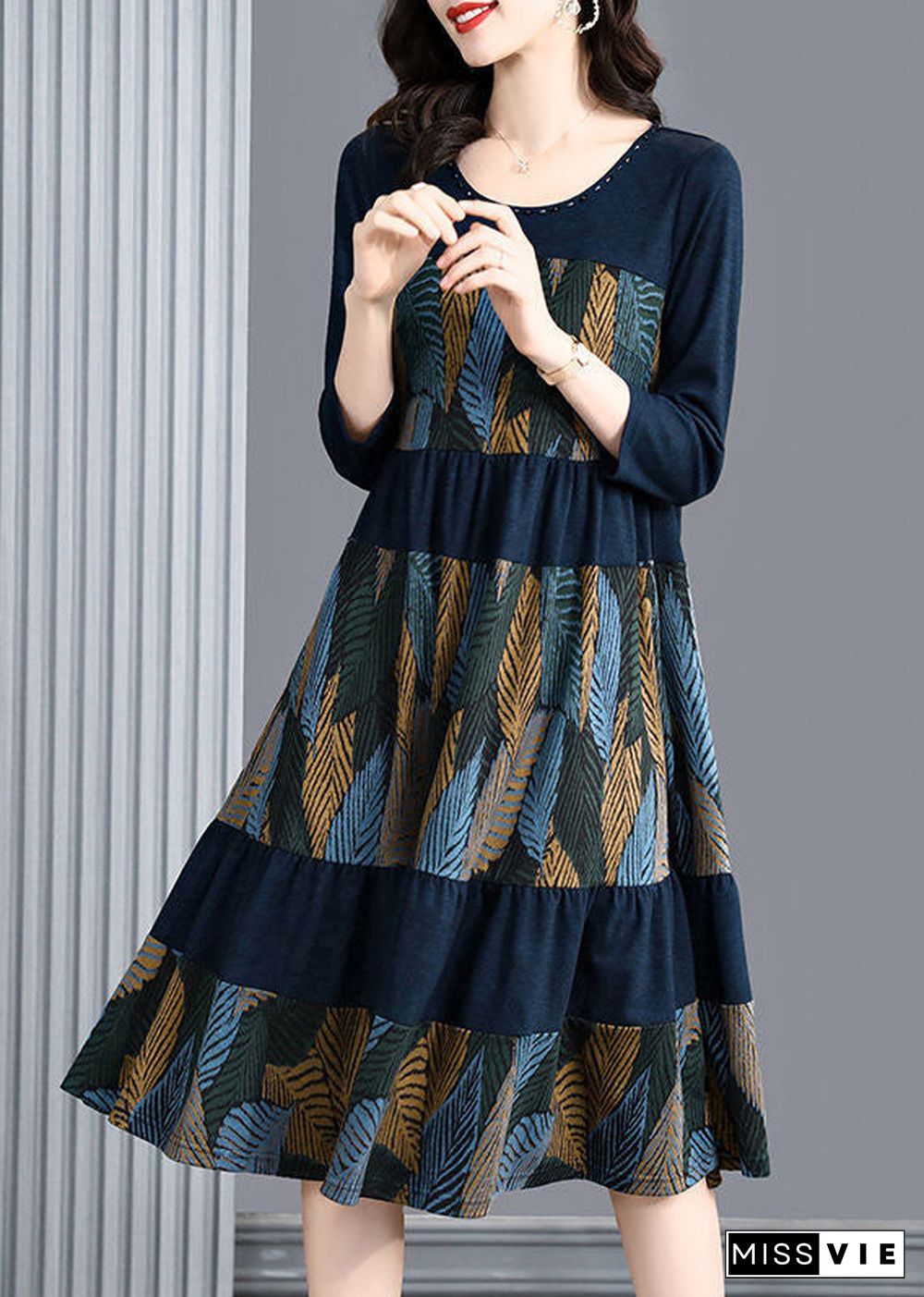 Style Blue Oversized Patchwork Print Dress Bracelet Sleeve