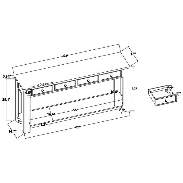Pine Wood Console Table with 4 Drawers and 1 Bottom Shelf