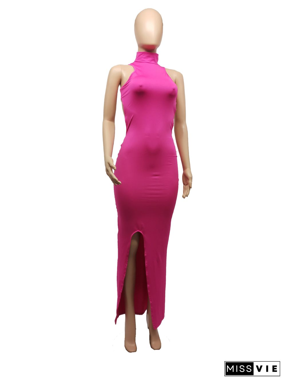 Solid Color Turtleneck Sleeveless Sexy Hollow Out Backless High Waist Skinny Split Party Long Dress