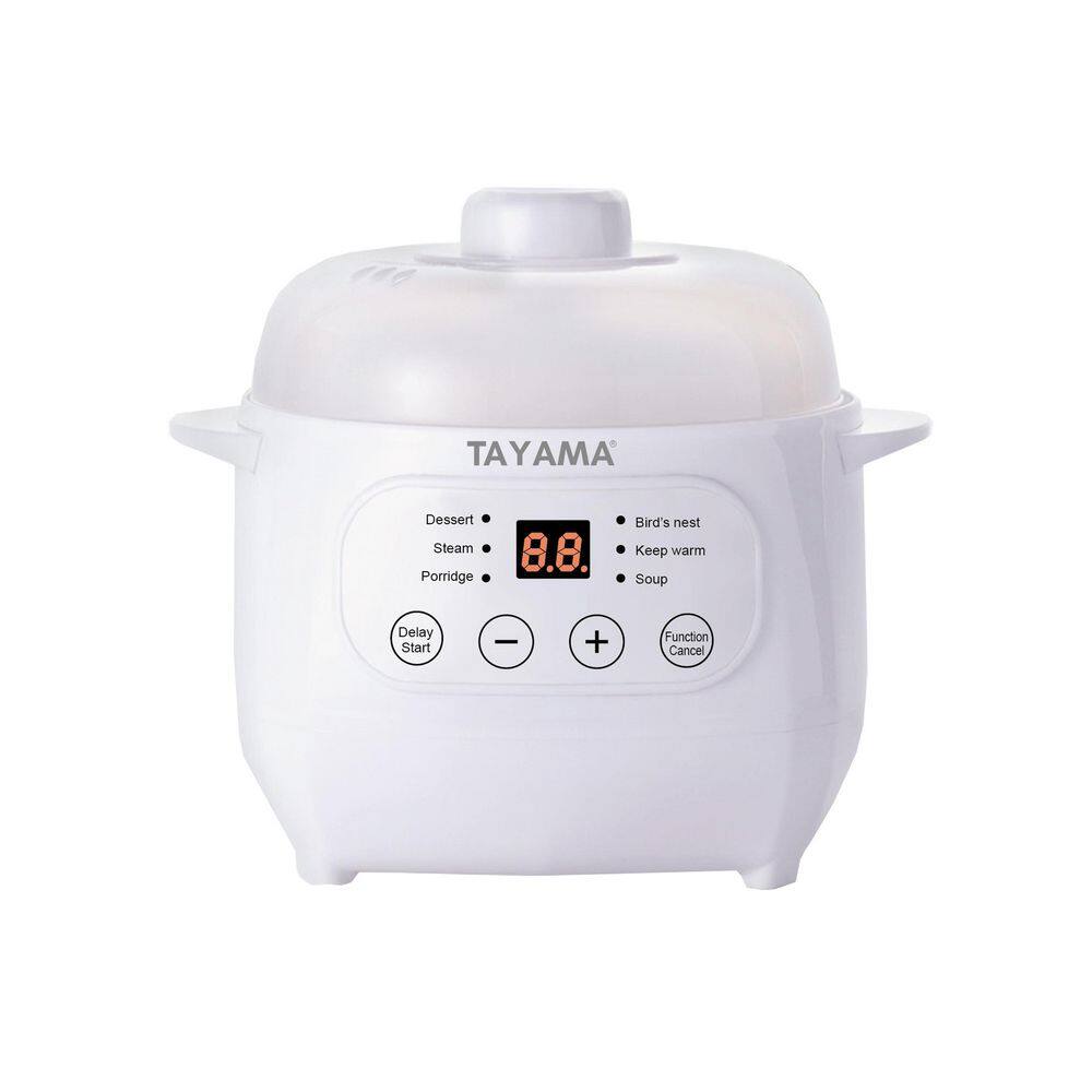 Tayama 1 qt. White Mini Ceramic Stew Slow Cooker with Pre-Settings and Built-In Timer TSP-100