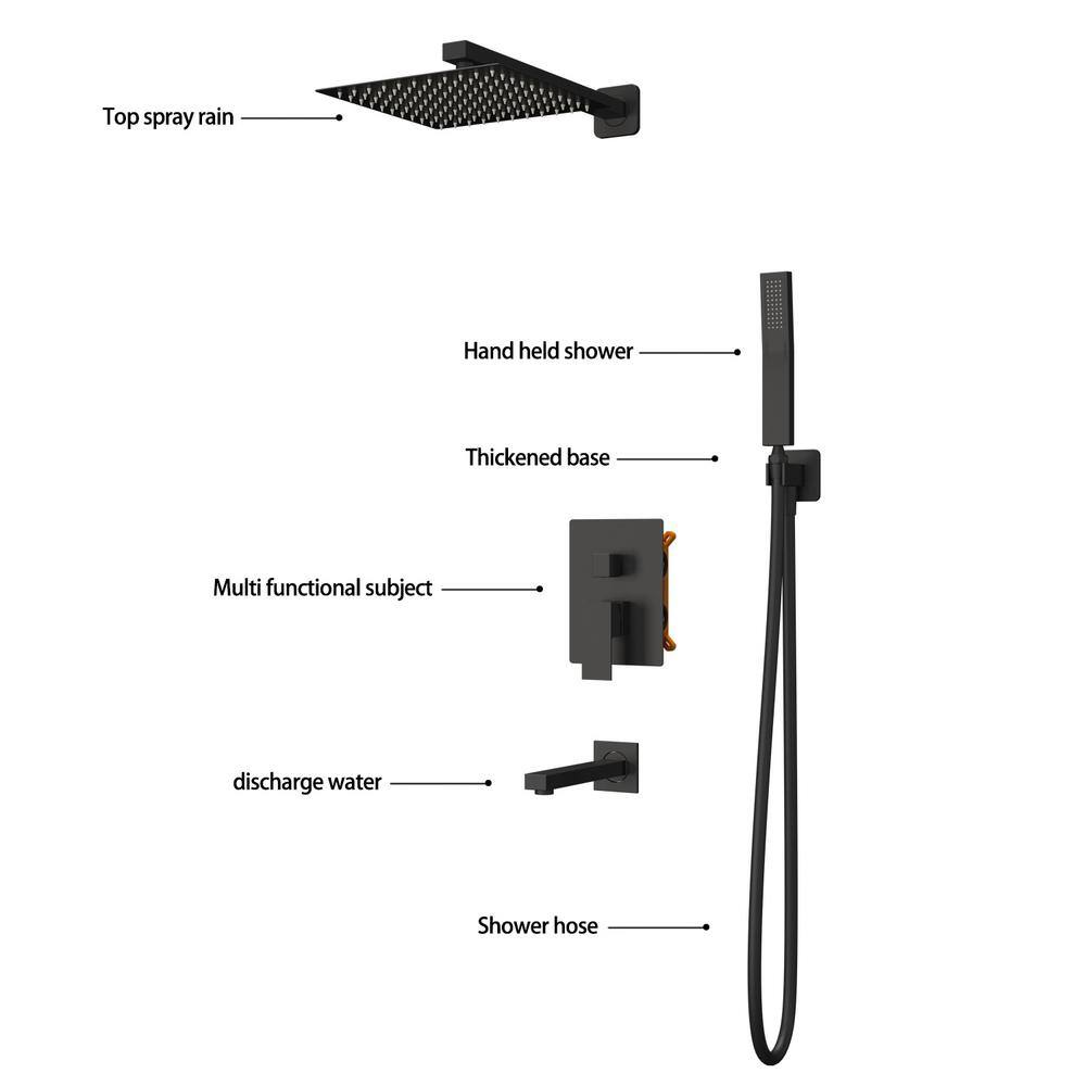 Kingdely 3-Spray Patterns Wall Bar Shower Kit With Hand Shower and 9.8 in. Square Rain Shower Head With Valve in Matte Black LBB-KF020287-01-c