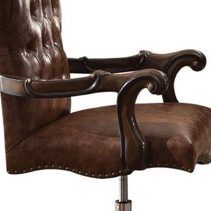 Faux Leather Upholstered Wooden Executive Chair With Swivel， Cherry Oak Brown