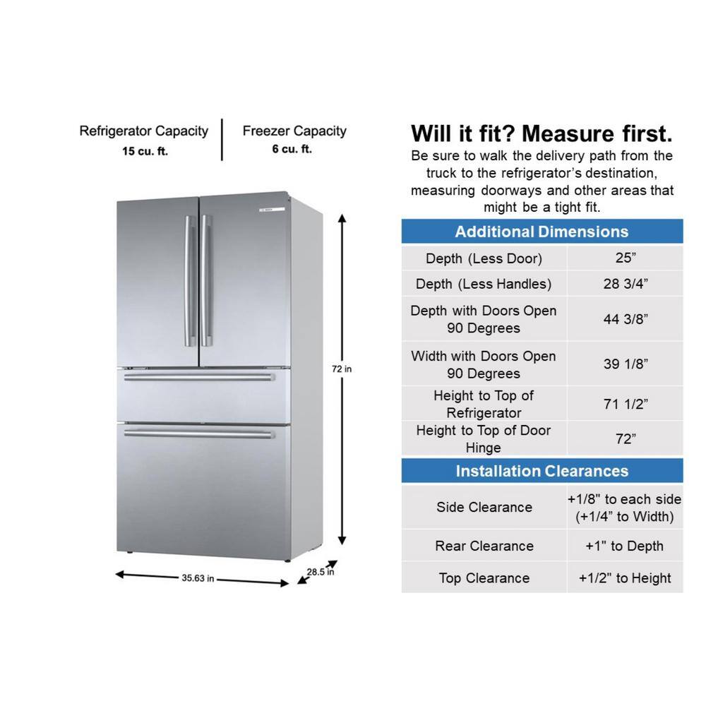 Bosch 800 Series 36 in. 21 cu ft Smart Counter Depth French Door Bar Handle Refrigerator in Stainless Steel with Ice and Water B36CL80SNS