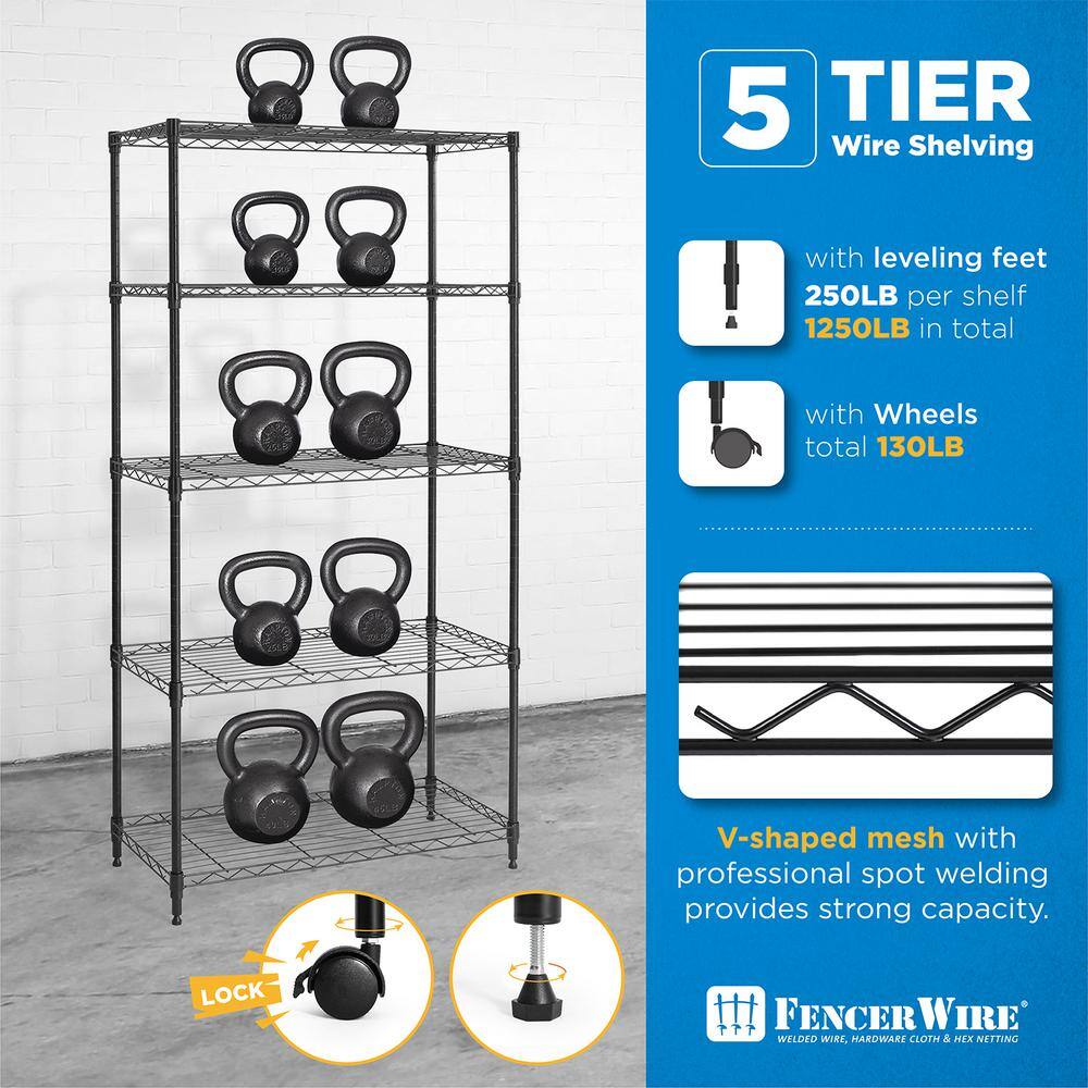 Fencer Wire Black 5-Tier Metal Garage Storage Shelving Unit with Leveling Feet and Wheels (30 in. W x 14 in. D x 62 in. H) RWW-CH30145WBK