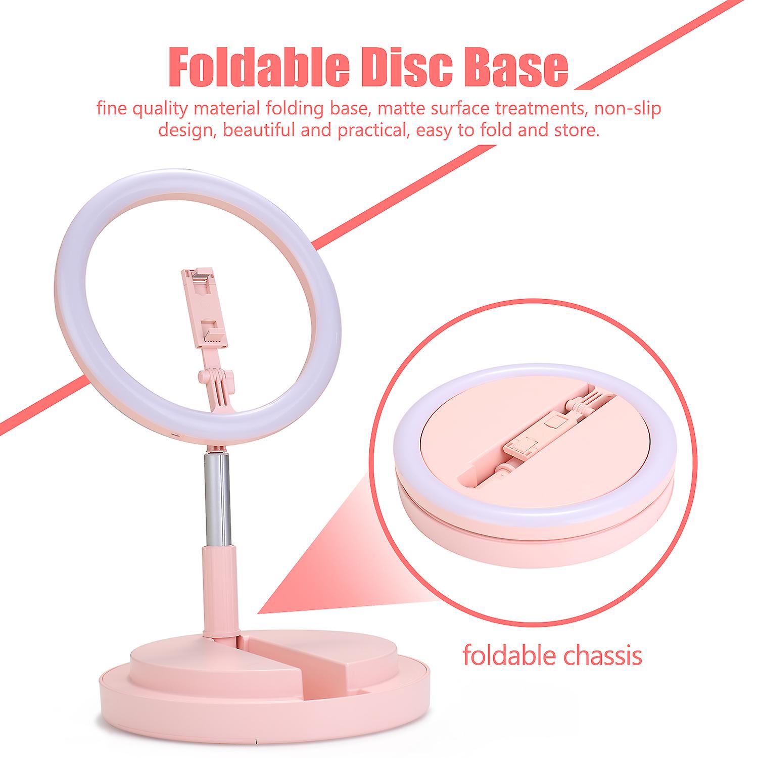 290mm Usb Interface Dimmable Led Selfie Round Light Phone Photography Video Makeup Lamp With Phone Clip Foldable Round Light With Round Base White