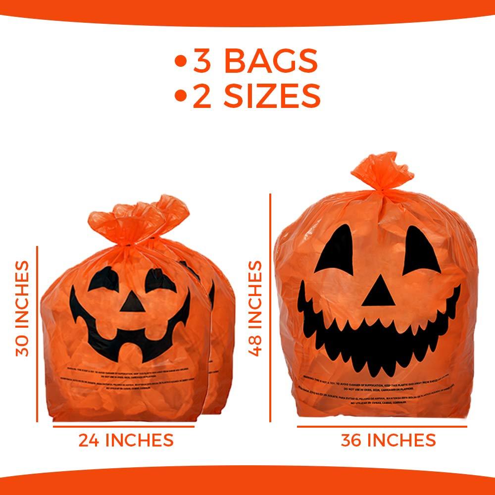 KINREX Halloween Pumpkin Plastic Lawn and Leaf Bags Decoration - Outdoor Fall Trash Bag Decor - Orange Jack O Lantern - Pack of 3 with Twist Ties