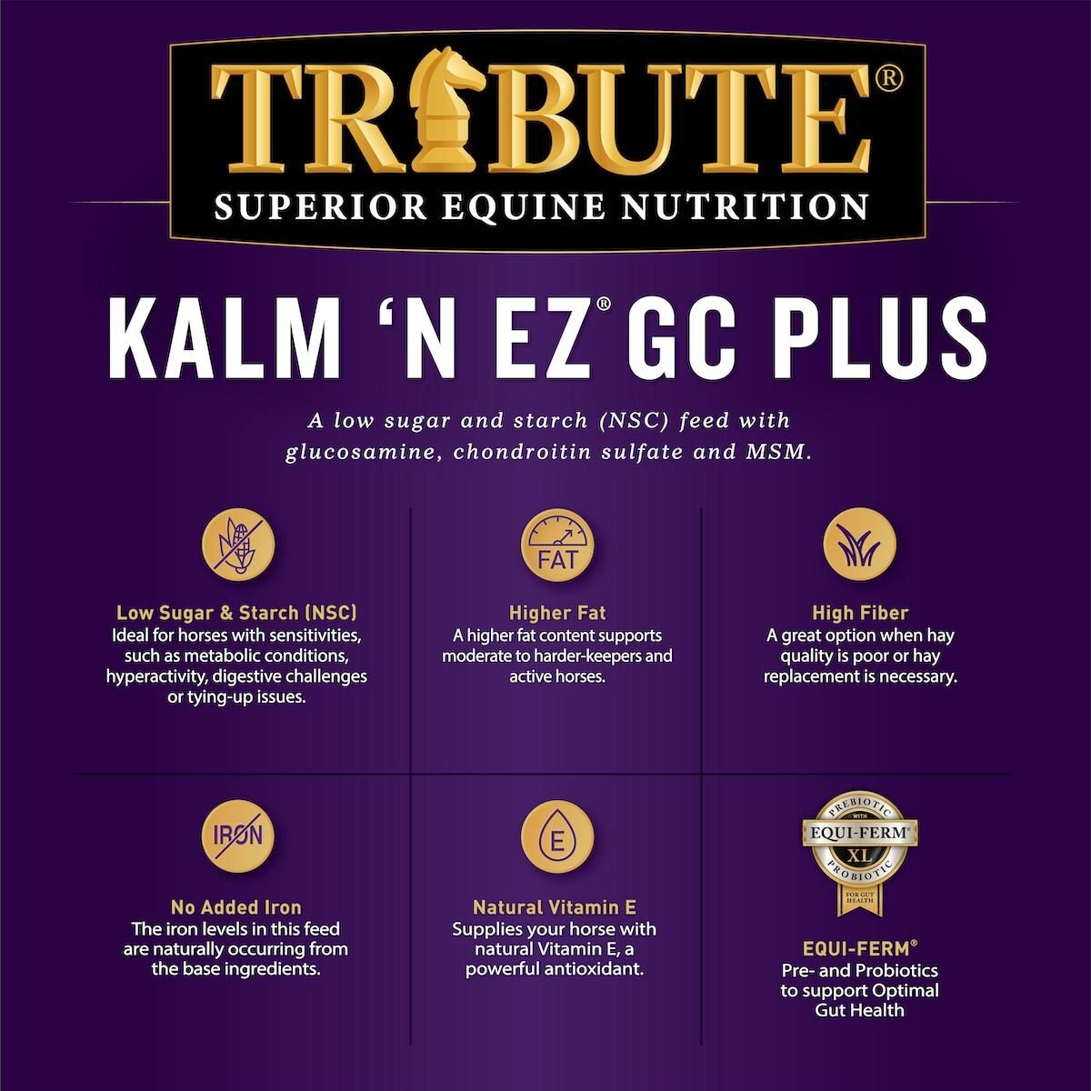 Tribute Equine Nutrition Kalm 'N EZ GC Plus Low-NSC， Joint Support Horse Feed