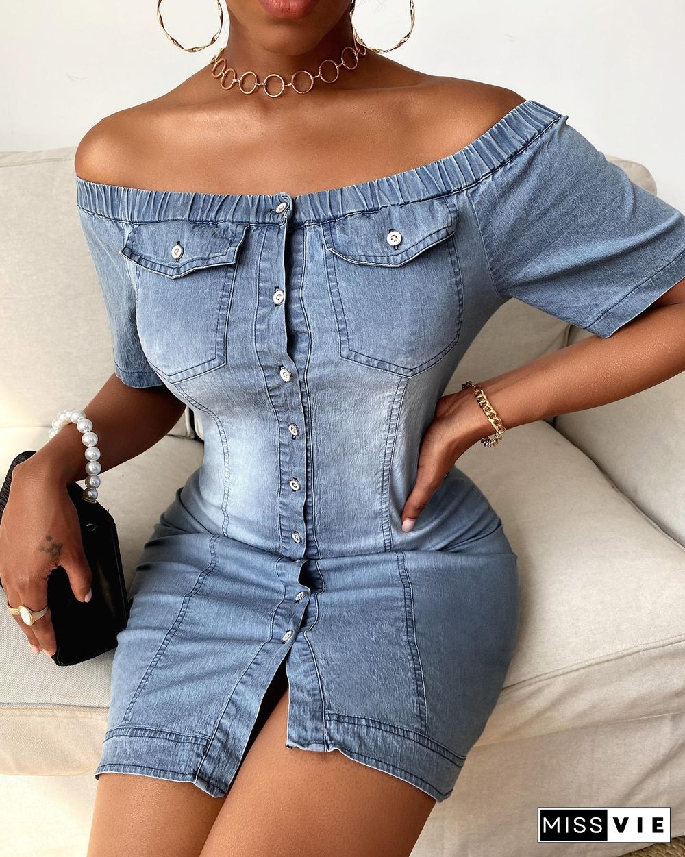 Off Shoulder Buttoned Denim Bodycon Dress