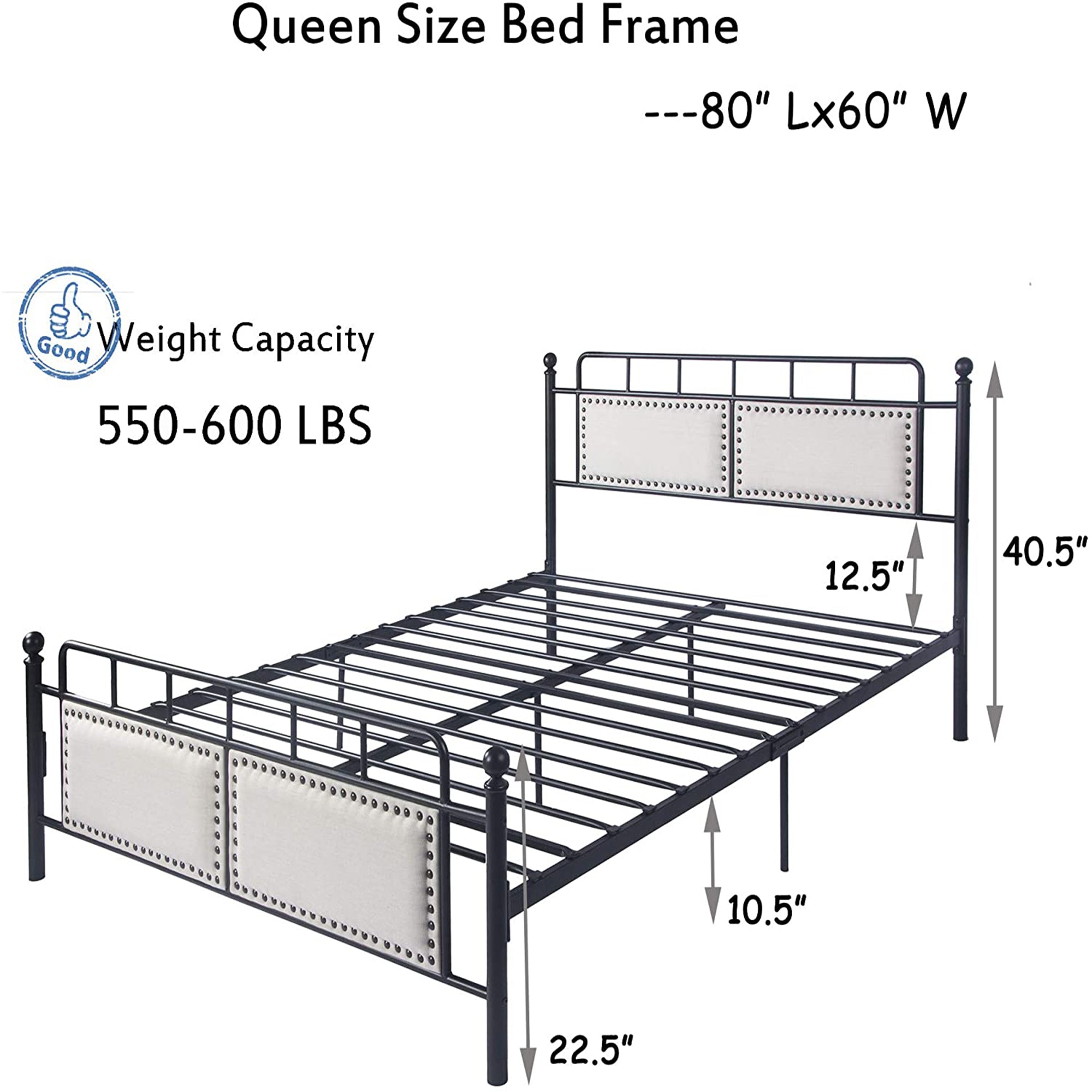 Karmas Product Metal Bed with Upholstered Headboard Heavy Duty Frame Steel Slat Support for Bedroom, Guest Room, No Box Spring, Mattress Foundation, Queen Size, Black