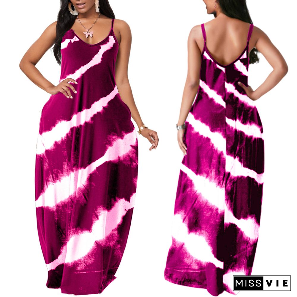 Plus Size Printed Summer Women Sexy Sleeveless Sleeveless Strap V Neck Party Maxi Long Dresses