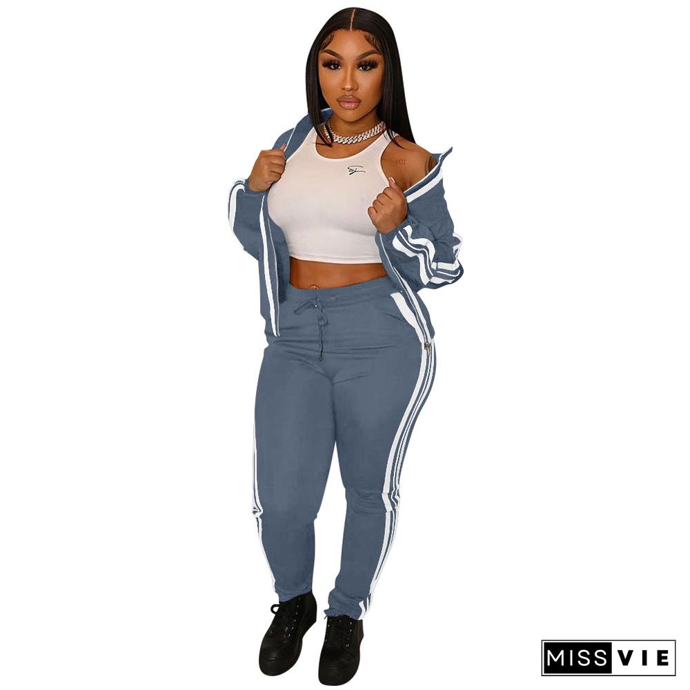 Side Striped Zip Sporty Jacket Two Piece Pants Set