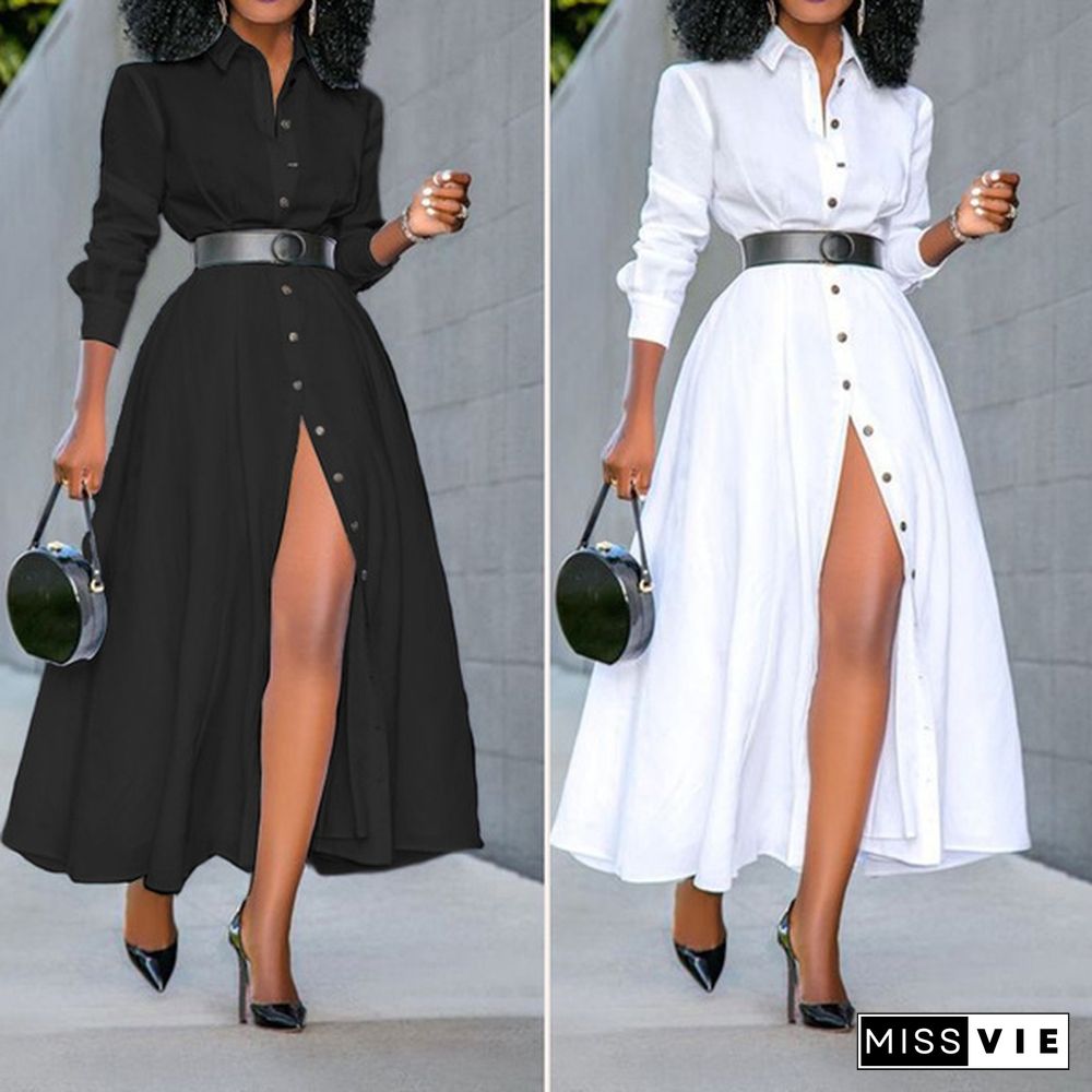 Plus Size Women Buttons Front Shirt Dress Long Sleeve Formal Long Dress Ladies Office Cardigan