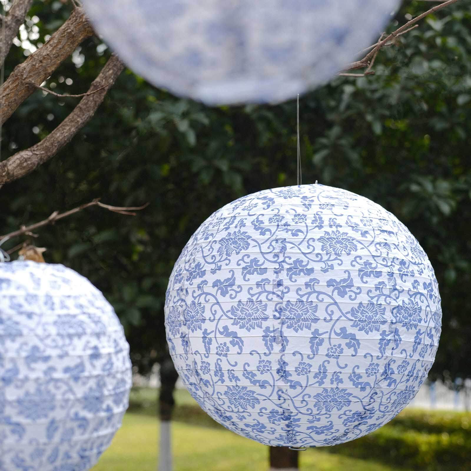 Set of 8 White Light Blue Hanging Paper Lanterns in French Toile Floral Pattern, Chinese Festival Lanterns - 6