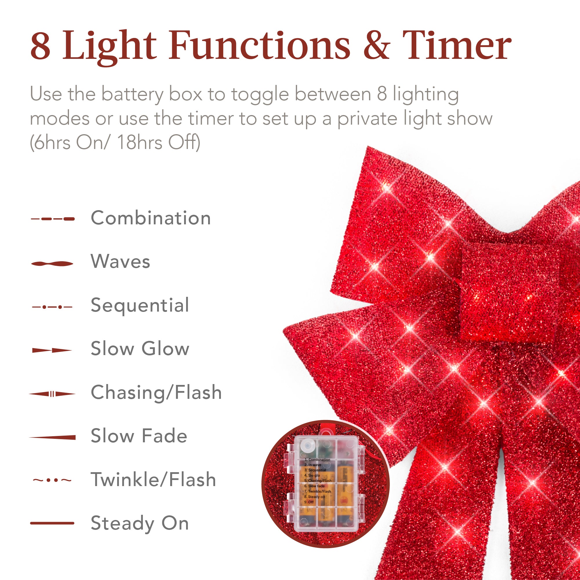 Best Choice Products Set of 3 Pre-Lit Christmas Bows, Indoor/Outdoor LED Holiday Decor w/ 8 Light Functions - Red