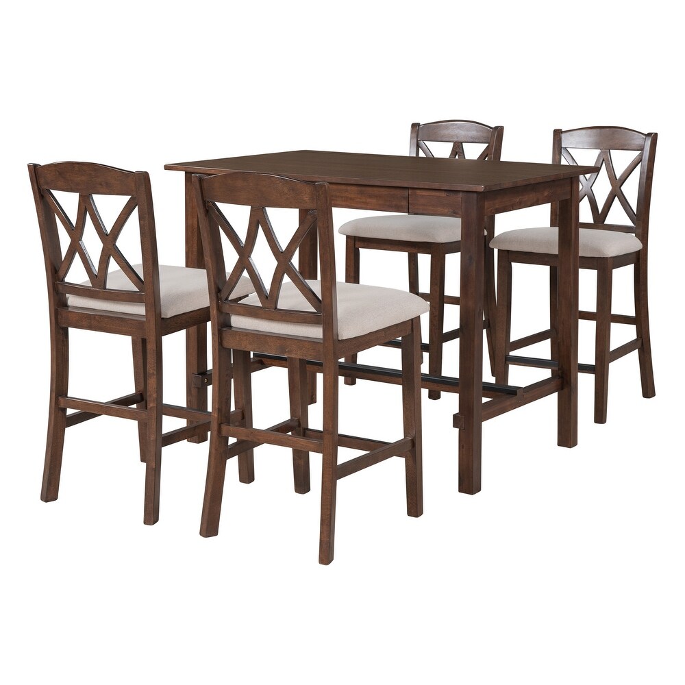 Casual Counter Height 5 Piece Dining Set   Solid Wood Table with 4 Upholstered Chairs   Storage Drawer   Walnut+Beige