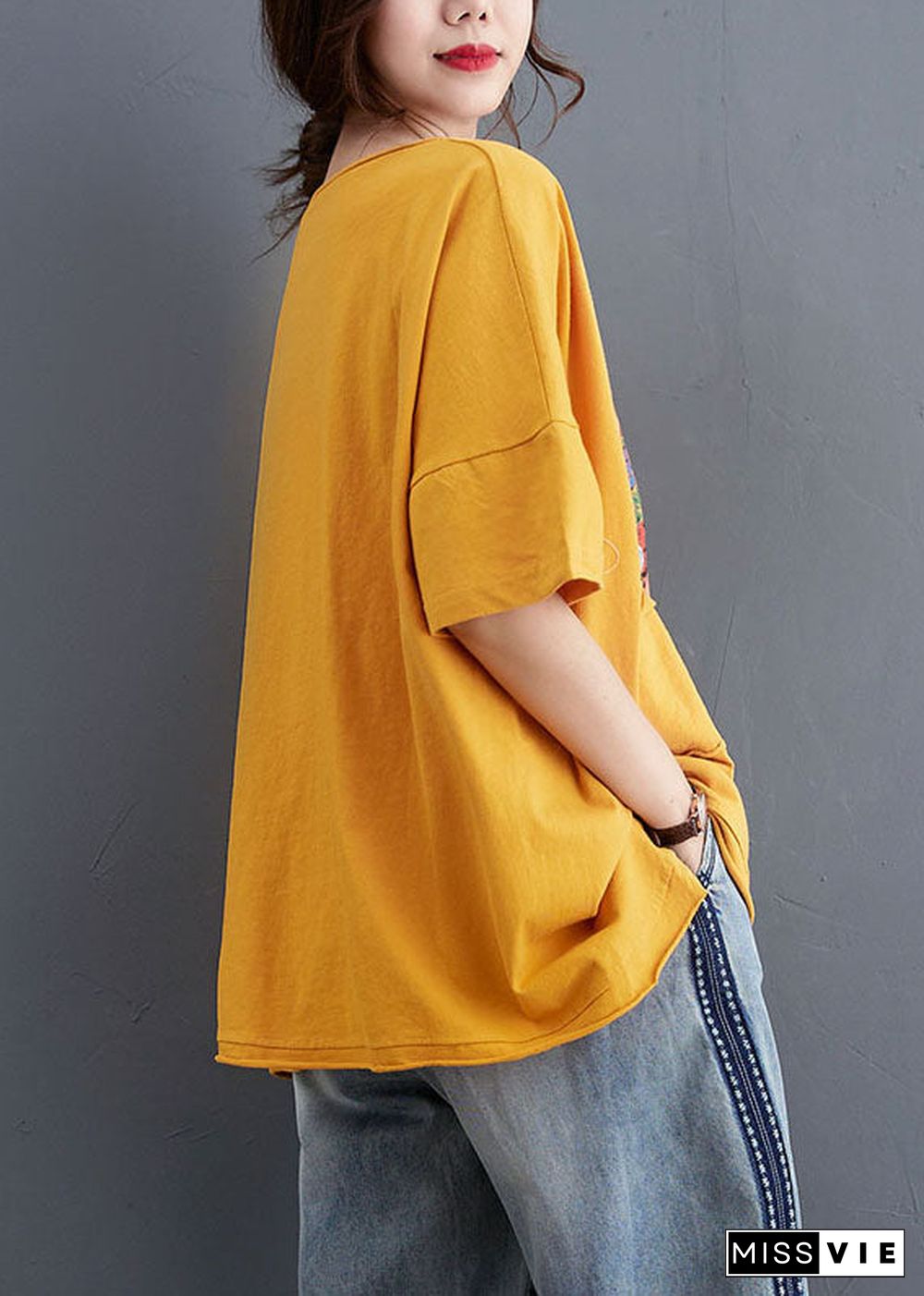 Fashion Yellow Loose O-Neck Print Fall Tees Half Sleeve