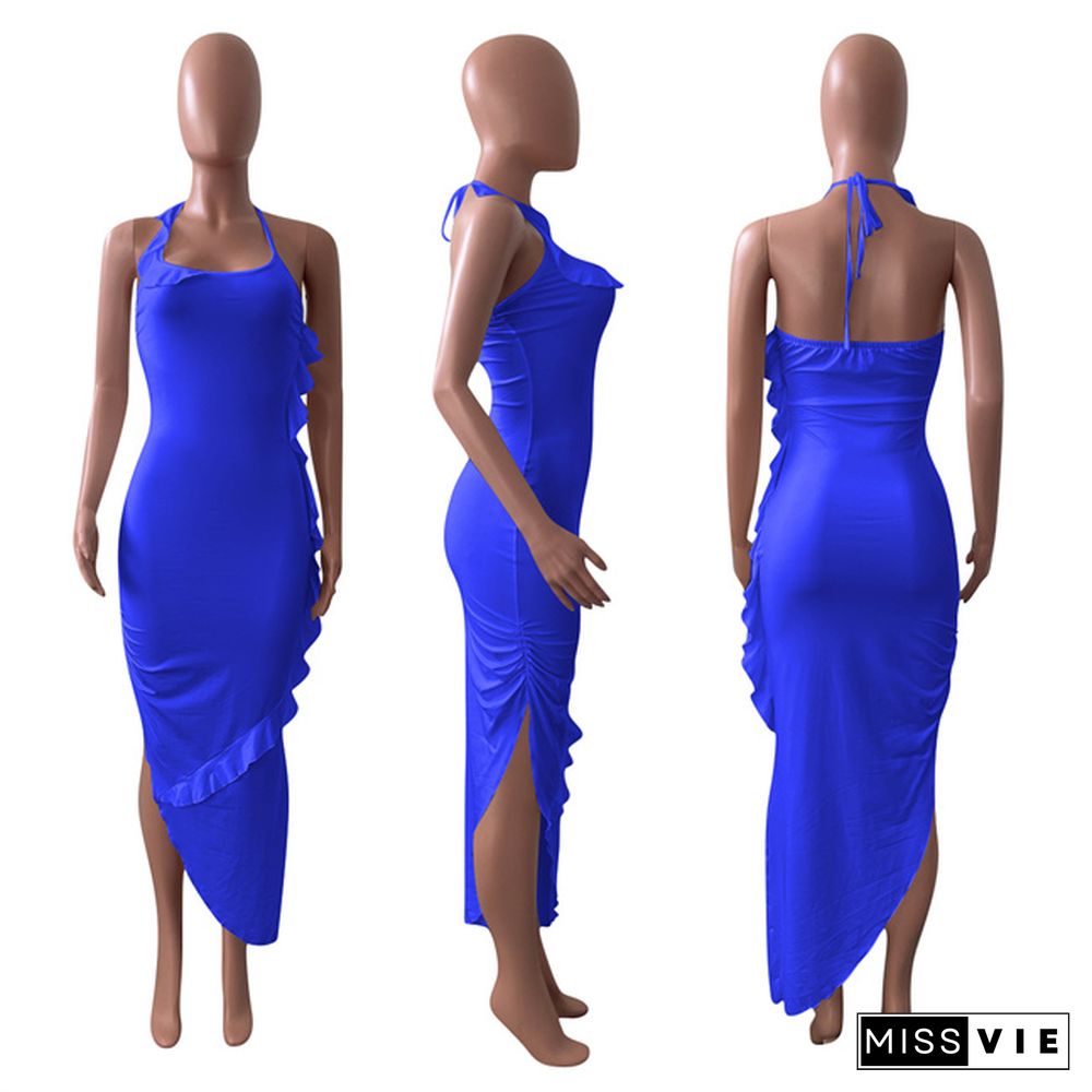 Elegant Solid Color Ruffles Women Summer Sexy Asymmetric Night Club Halter Bodycon Maxi Dress