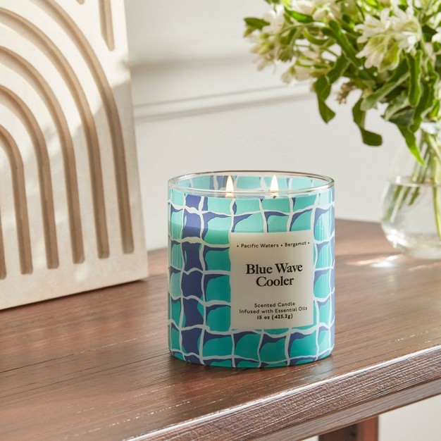 2 wick 15oz Glass Jar Candle With Patterned Sleeve Blue Wave Cooler