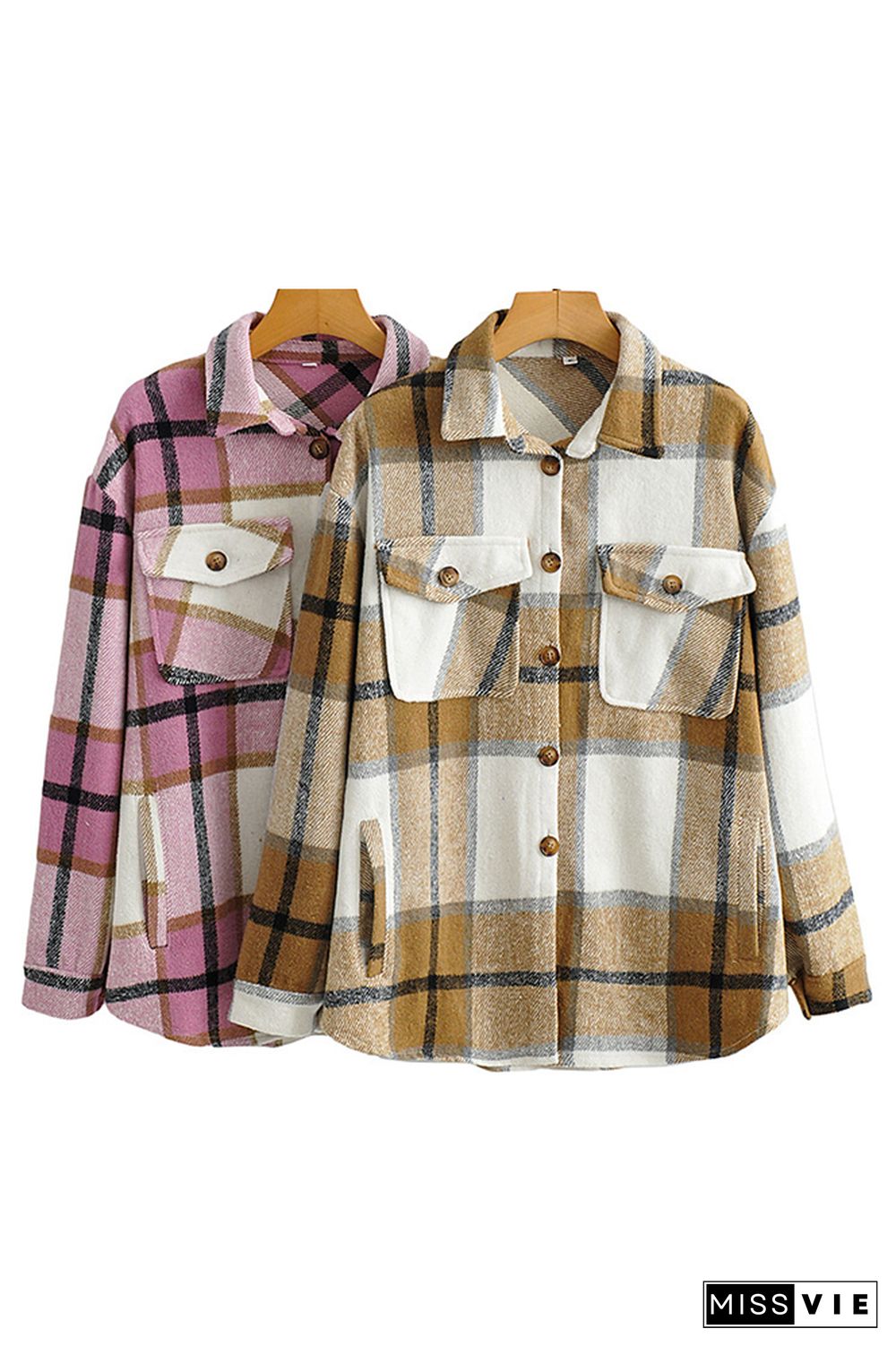 Plaid Button Front Shacket Jacket with Pockets Women Wholesale