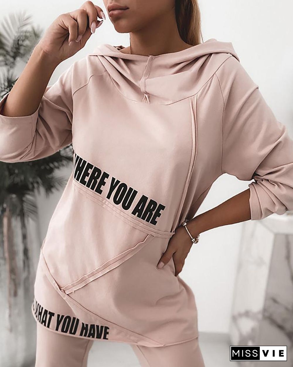 Letter Print Long Sleeve Hooded Top & Drawstring Pants Set P13226