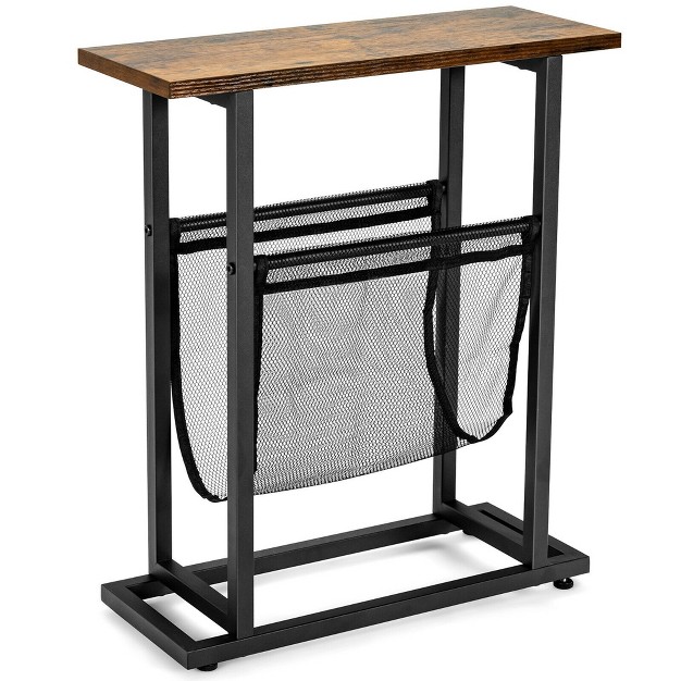 Costway Industrial End Side Table Mesh Magazine Holder Nightstand Rustic Brown