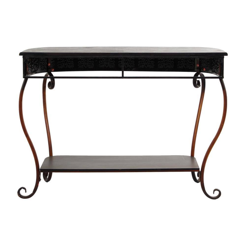 Litton Lane 43 in. Brown Extra Large Rectangle Metal Embossed 1 Shelf Floral Console Table with Ornate Scroll Legs 74362