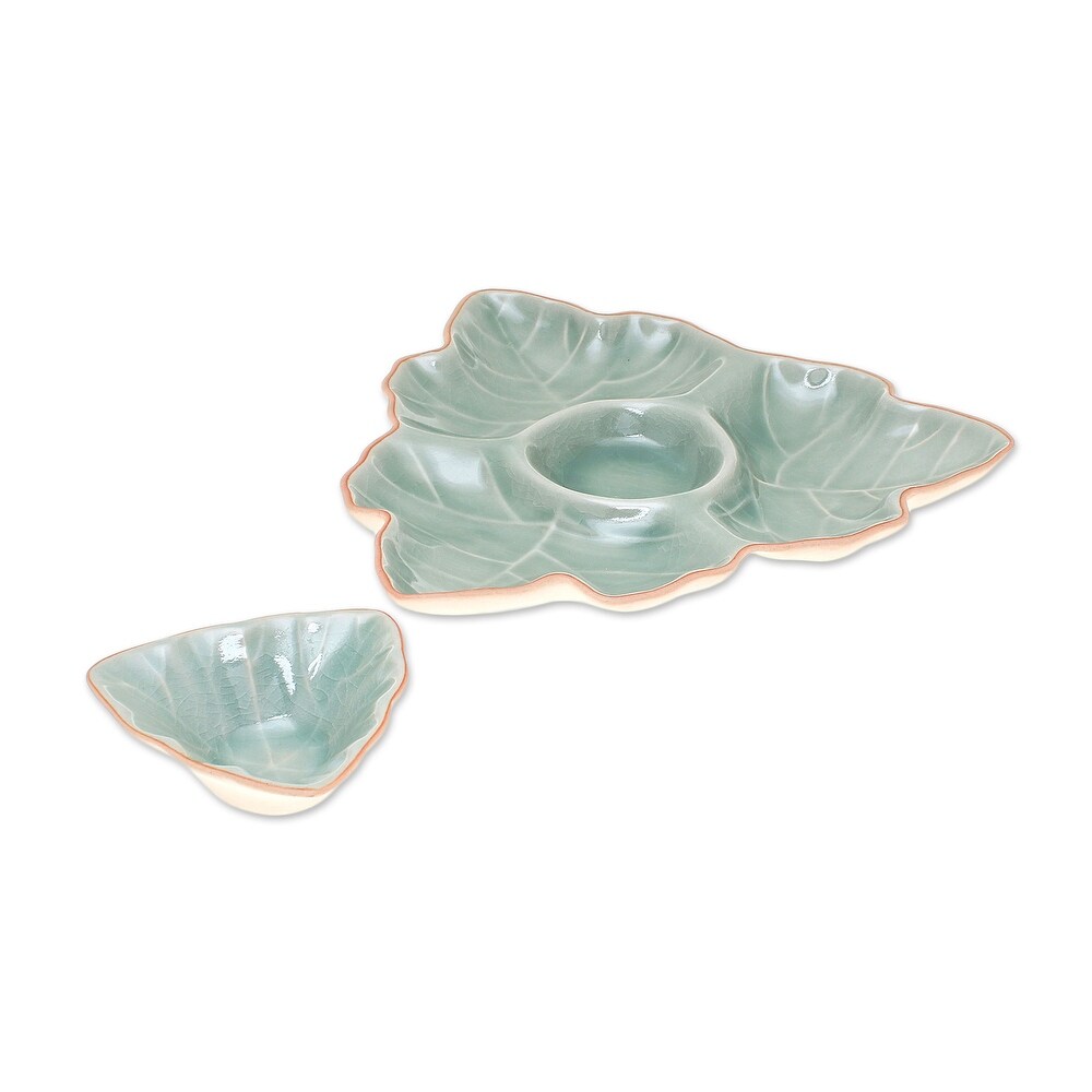 Novica Handmade Maple Leaf Celadon Ceramic Appetizer Dishes (Pair)