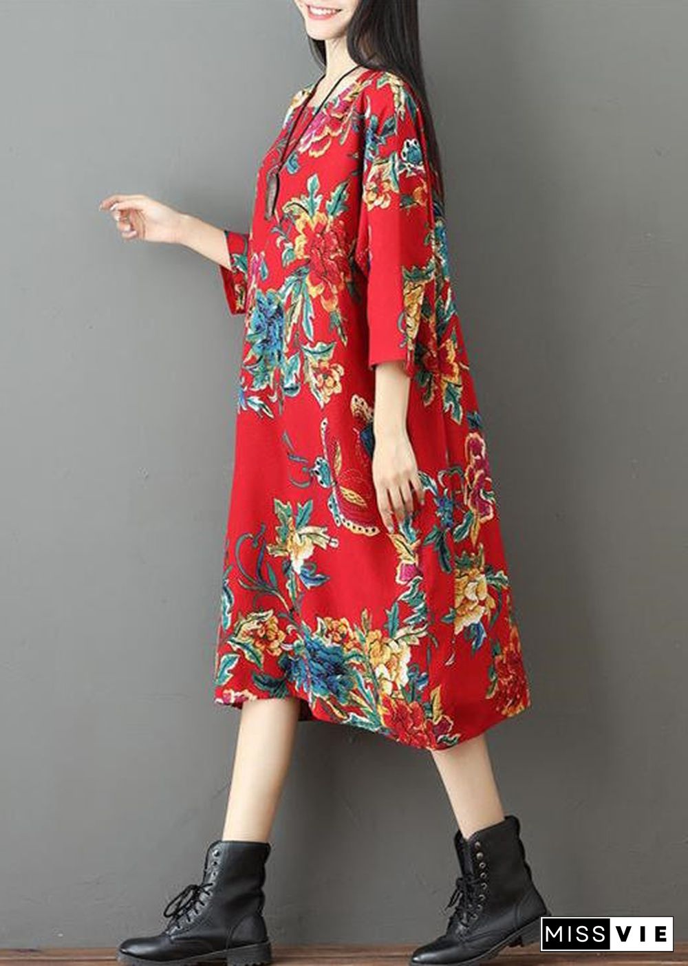 fine red prints Midi-length linen dress trendy plus size holiday o neck linen cotton dress