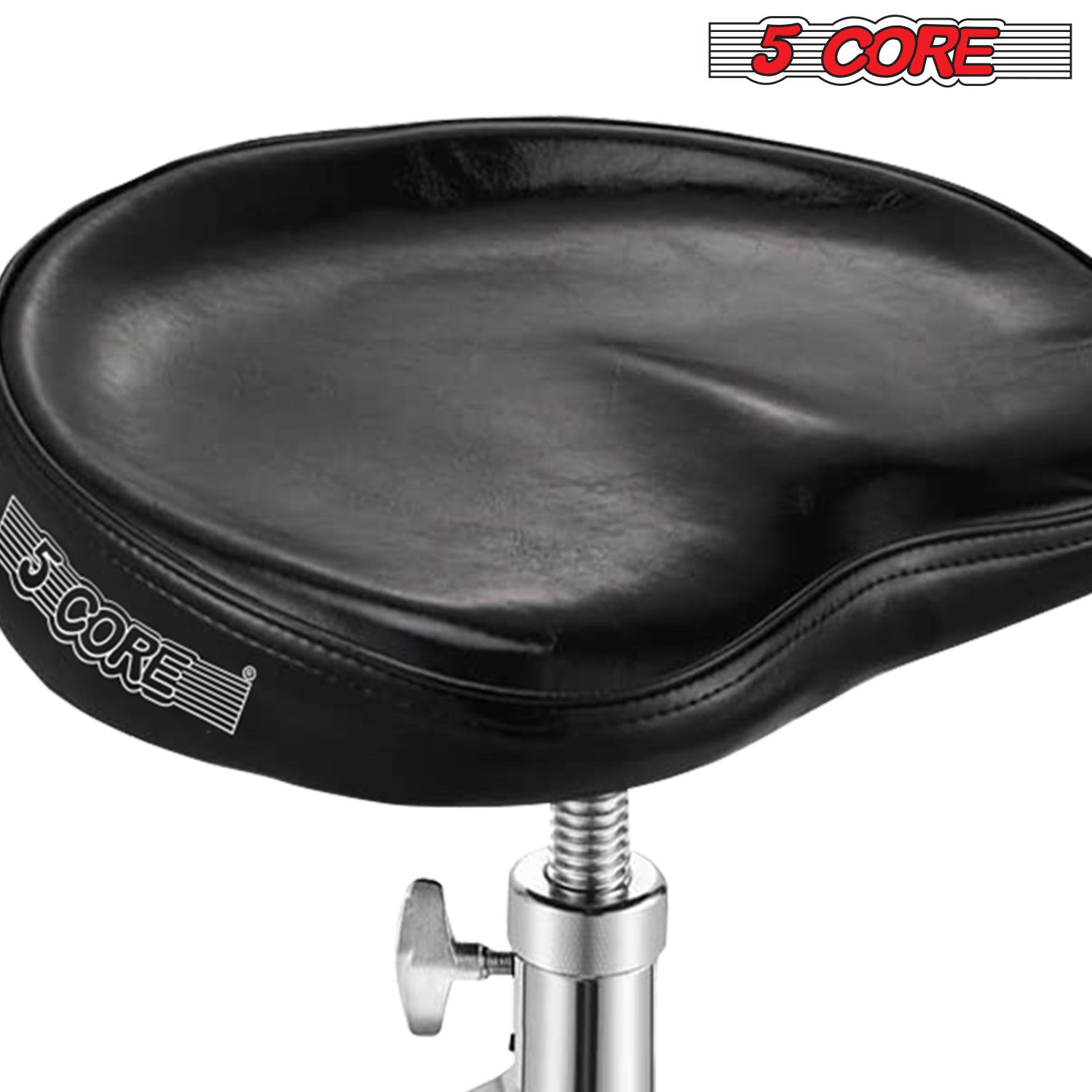 5 Core Drum Throne Saddle Black| Heavy Duty Height Adjustable Padded Comfortable Drum Seat| Stools Chair  Style with Double Braced Anti-Slip Feet and Two Drumsticks for Adults Drummers- DS CH BLK SDL HD