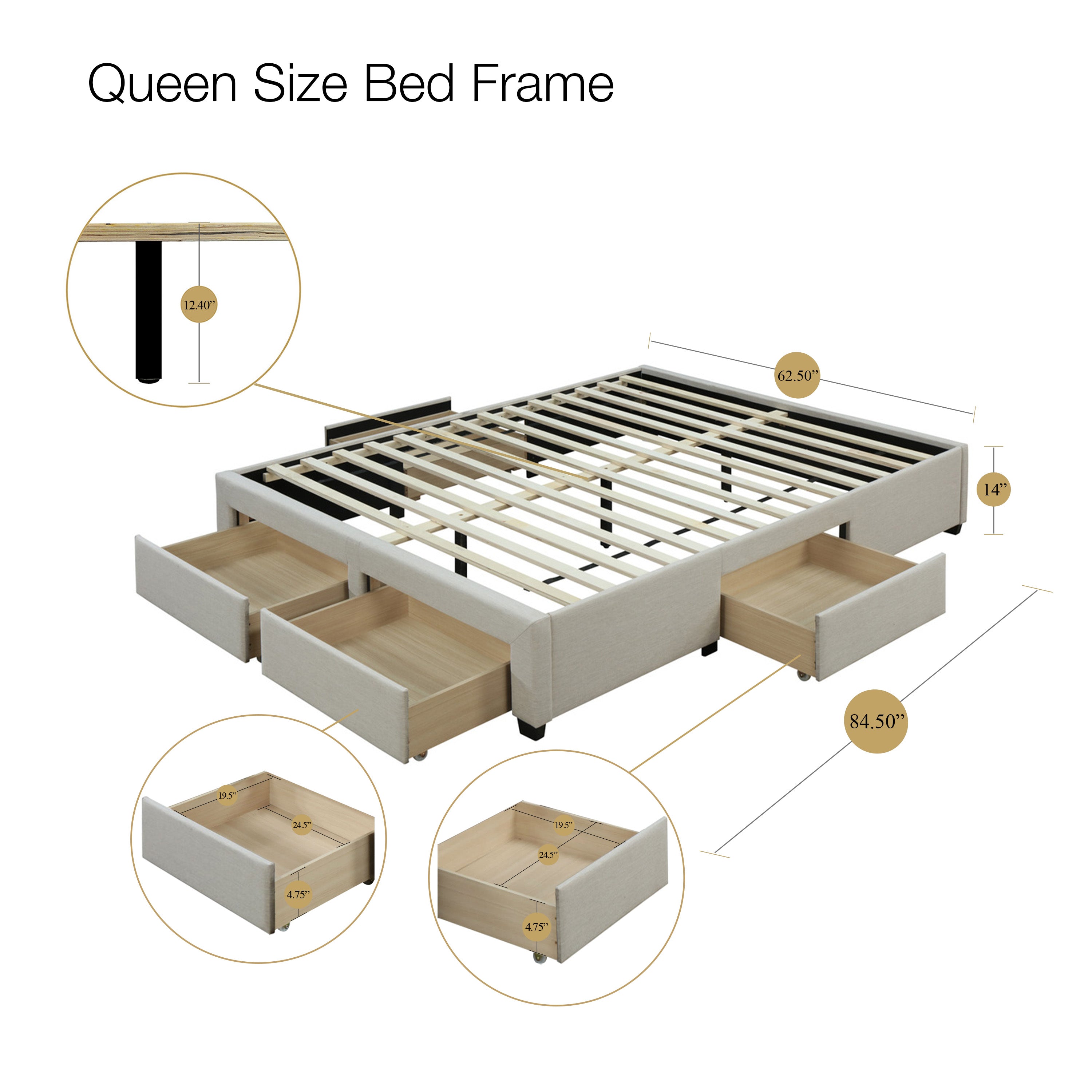 DG Casa Cosmo Upholstered Platform Bed Frame Base with Storage Drawers, Queen Size in Beige Linen Style Fabric