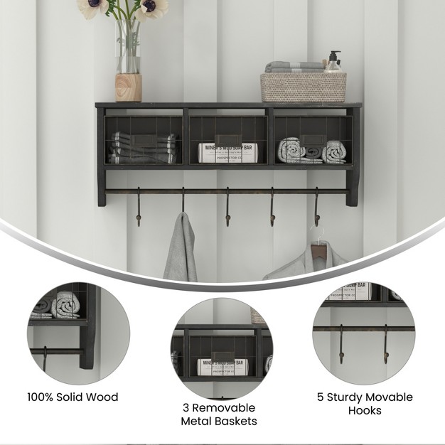 Emma And Oliver Rustic Country Wall Mounted Shelf With 5 Adjustable Sliding Hooks And Three Wire Storage Baskets