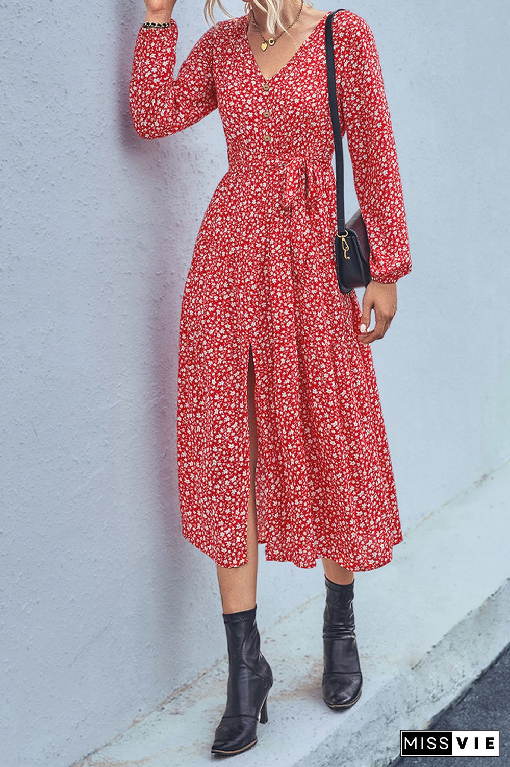 V Neck Button Down High Waist Split Floral Dress