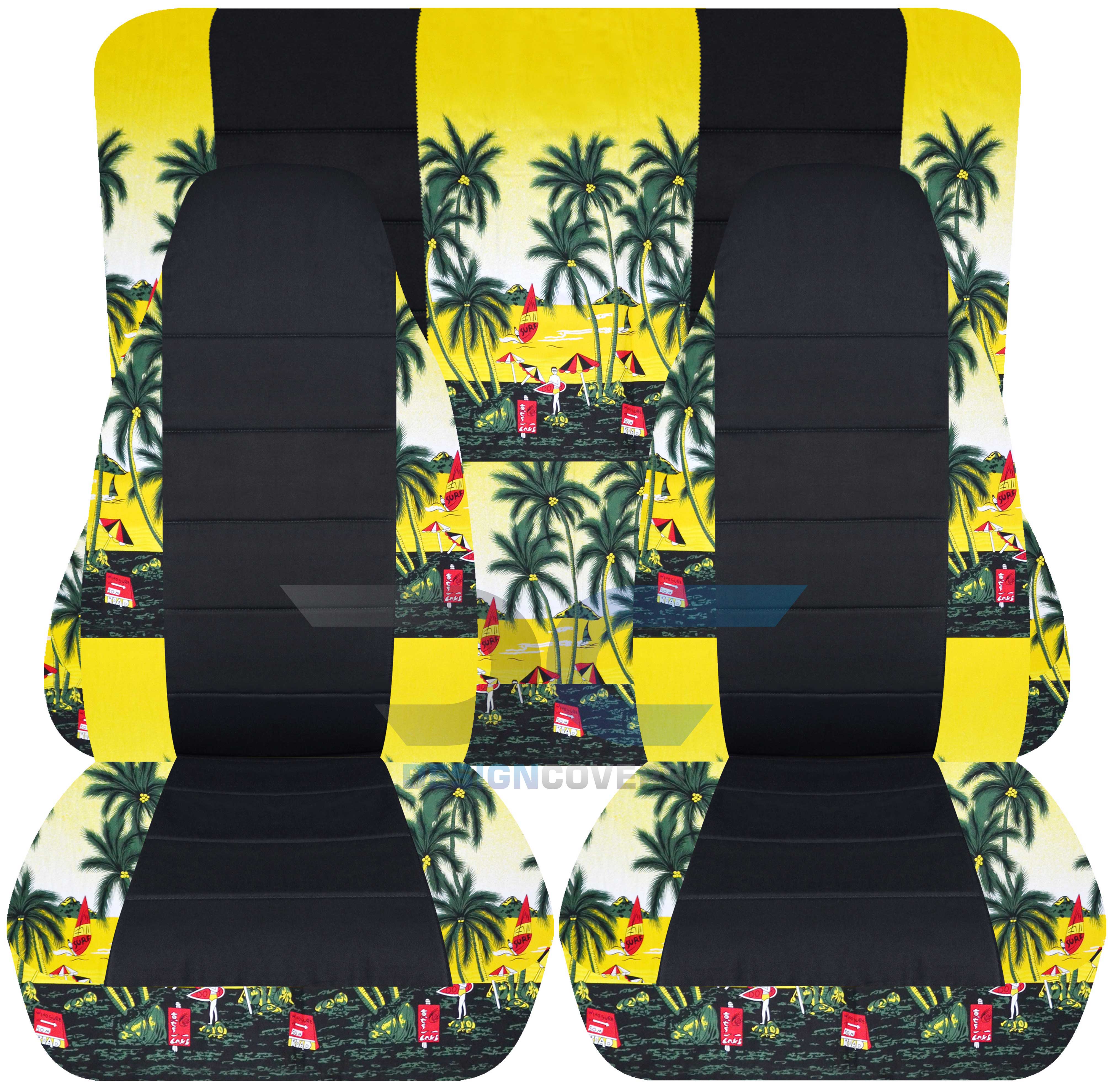 T455-Designcovers Compatible with 1997-2002 Jeep Wrangler TJ SE/Sport/Sahara Camo Seat Covers:Yellow Hawaiian w Flowers and Black Cotton -FrontandRear