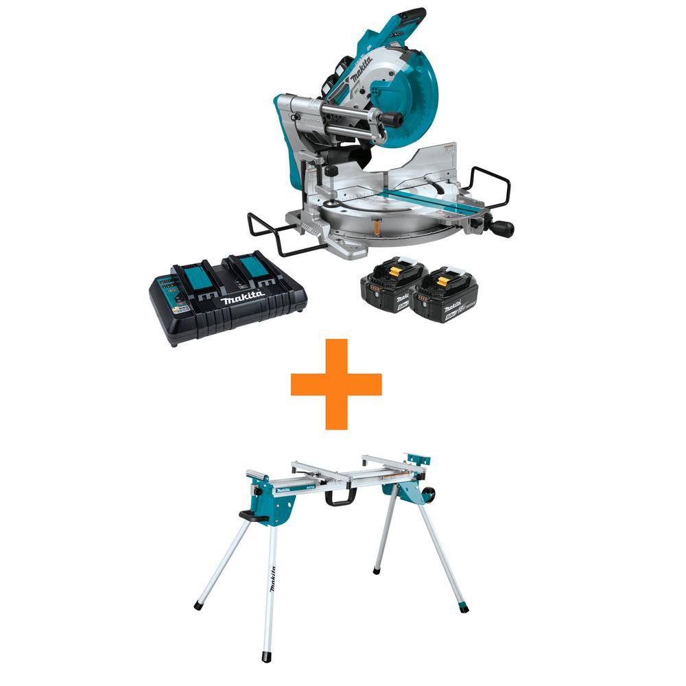 Makita 18V X2 (36V) LXT Brushless 10 in. Dual-Bevel Sliding Compound Miter Saw Kit (5.0Ah) with bonus Folding Miter Saw Stand XSL04PTU-WST06