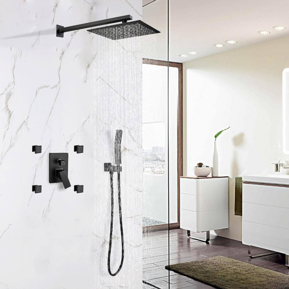 Satico Modern 4-Body Jet Shower Kit 3-Spray 10 in. Square Rain Shower Head with Hand Shower in Matt Black (Valve Included) BM01115B