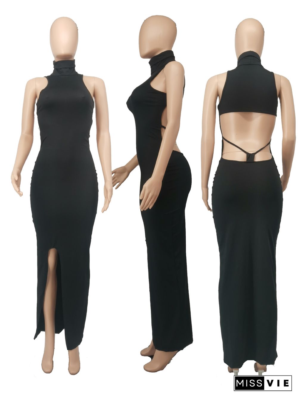 Solid Color Turtleneck Sleeveless Sexy Hollow Out Backless High Waist Skinny Split Party Long Dress