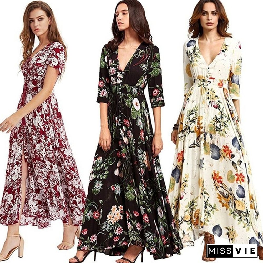 Womens Fashion Bohemian V Neck Print Big Swing Long Dress Plus Size