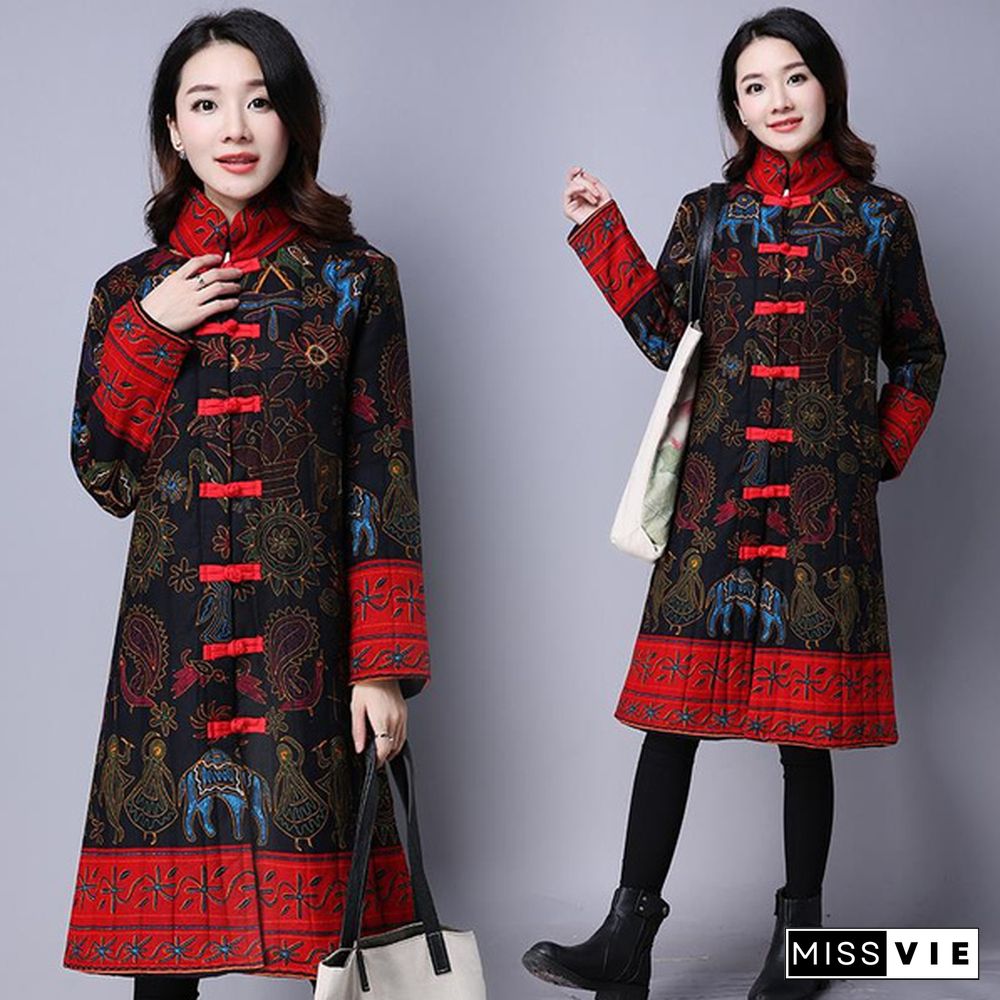 Women Coat Chinese Jacket Long Loose Qipao Lined Cheongsam Puffer Frog Ethnic present