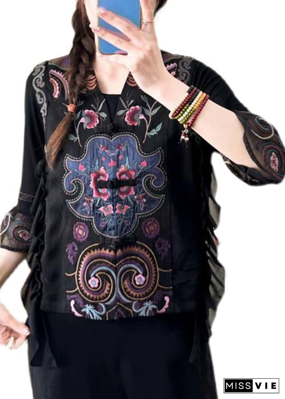 Retro Black V Neck Embroideried Ruffled Silk Waistcoat Sleeveless