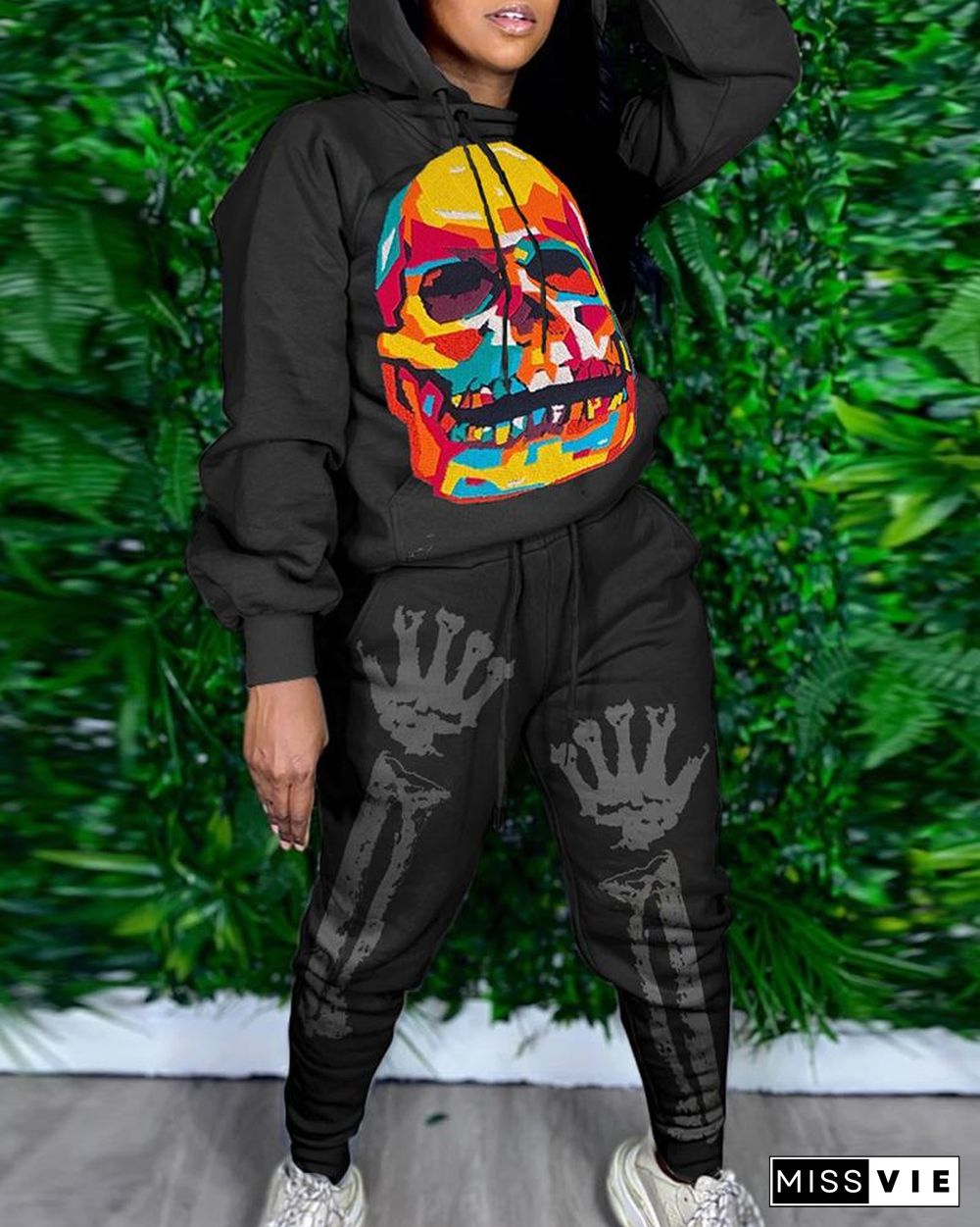 Halloween Skull Print Hooded Top & Drawstring Pants Set