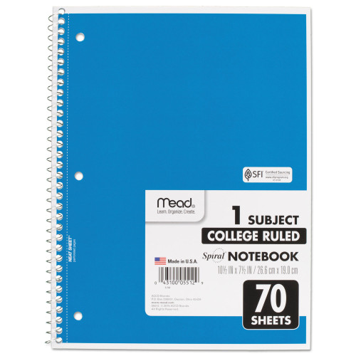 Mead Spiral Notebook， 1 Subject， Medium/College Rule， Assorted Color Covers， 10.5 x 7.5， 70 Sheets (05512)