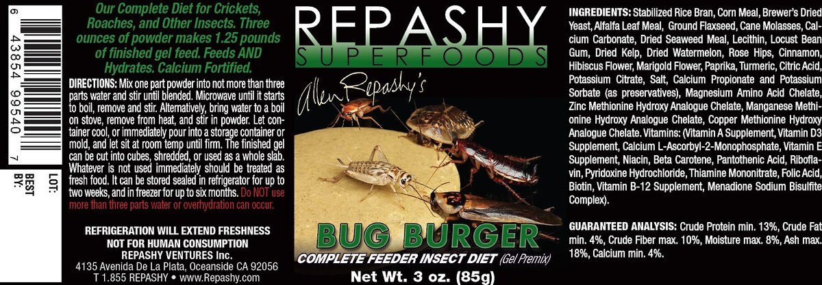 Repashy Superfoods Bug Burger Gel Premix Feeder Insect Food， 3-oz bottle