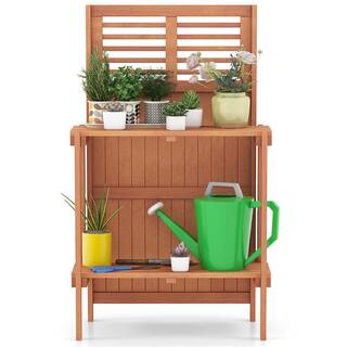 Costway 26.5 in. W x 44 in. H Natural Wood Potting Bench Waterproof Garden Table with 2-Tier Open Storage Shelf HCST00790