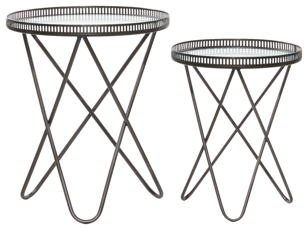 Round Industrial Metal Accent Tables With Glass Tops  Set of 2: 26.5 quot  19.5 quot  Midcentury   Side Tables And End Tables   by Brimfield  ampMay  Houzz