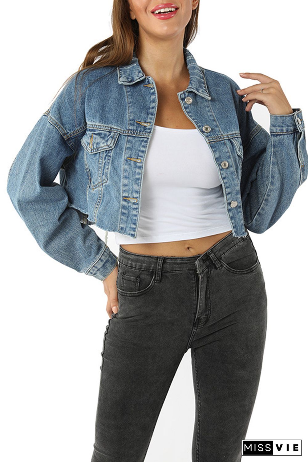 Buttons Front Raw Hem Crop Denim Jacket Women Wholesale