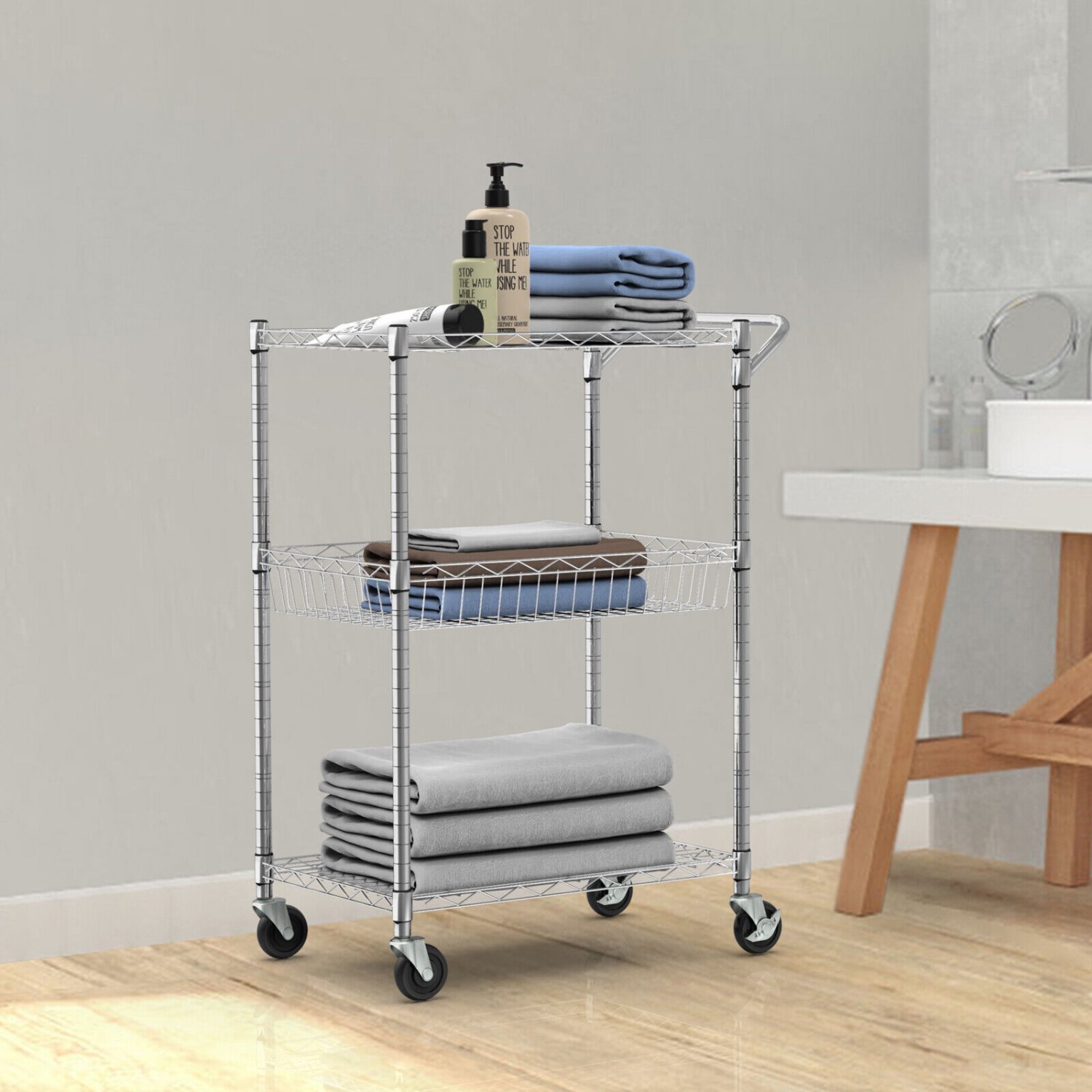 Goplus 3-Tier Utility Cart Heavy Duty Wire Rolling Cart Kitchen Storage Trolley