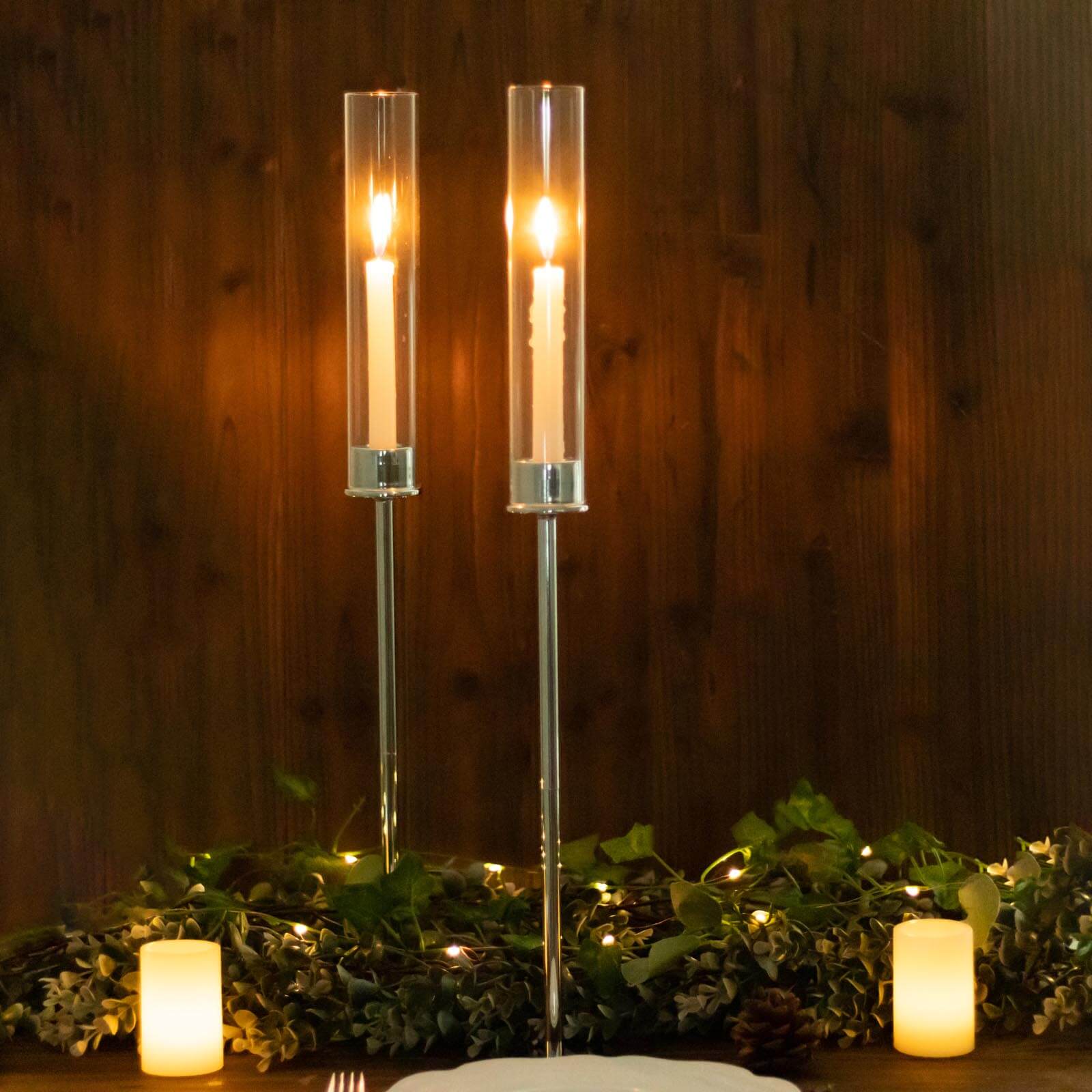 2 Pack Silver Metal Clear Glass Taper Candlestick Holders, Hurricane Candle Stands With Glass Chimney Candle Shades 24