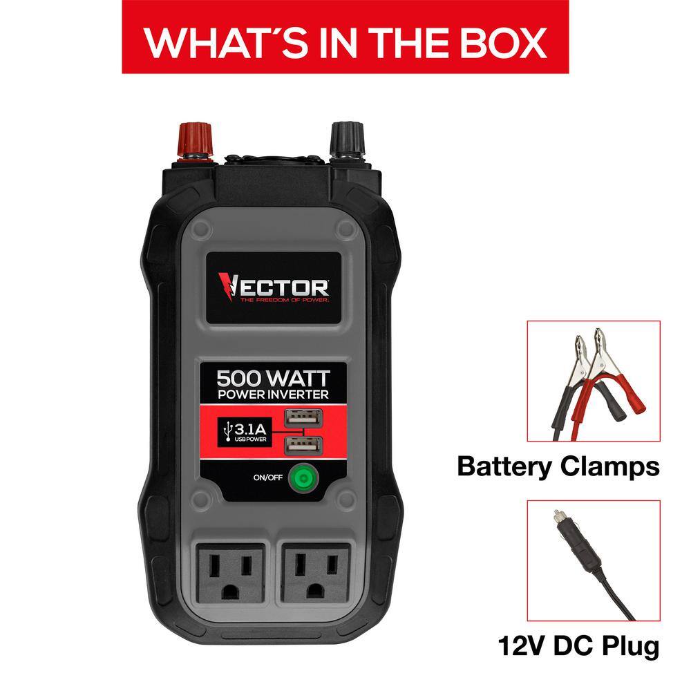 VECTOR 500 Watt Power Inverter Dual Power Inverter Two USB Charging Ports PI500V